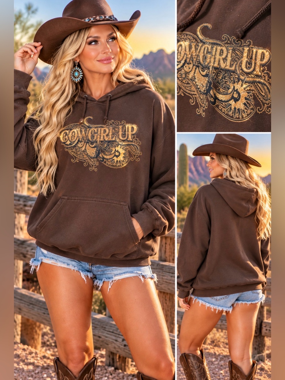 🤎 Gildan Heavy Blend Cowboy Glitter Graphic Hoodie – 2XL
